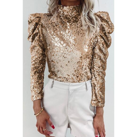 Azura Exchange  Apricot Sequin Mock Neck Bubble Sleeve Top - Picture 3 of 8